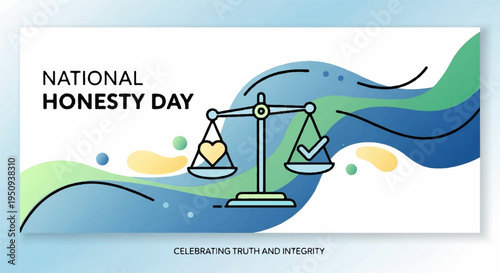 National honesty day concept with balance scales on abstract wave background celebrating truth and integrity