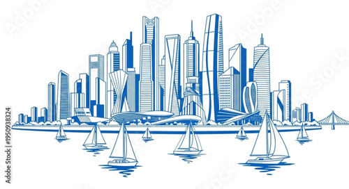 Modern City Skyline with Sailboats on Water.