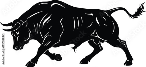Bild auf Leinwand Powerful Black Bull Silhouette Vector Charging Forward with Strength and Aggress