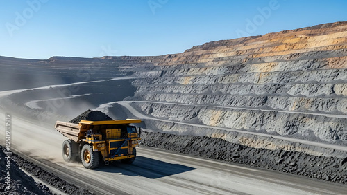 Mining Operation, Dump Truck, Open Pit, Photography, Industrial, Aerial View, Heavy Machinery in Action