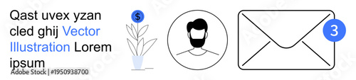 Communication, notifications, email alerts, user profiles, online messaging. Image features a plant with a dollar sign, user avatar, and envelope with alert badge. Communication and notifications