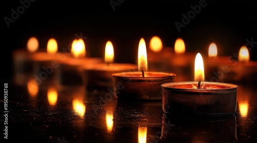 Row of glowing tea light candles in the dark