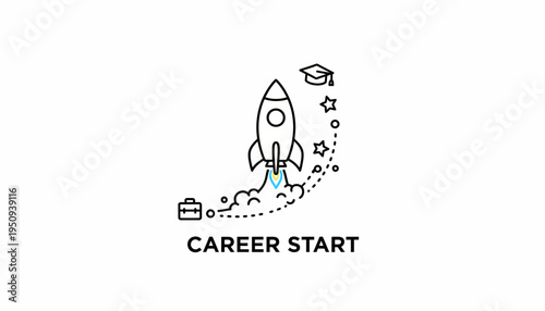 Rocket Launching Career Start Concept with Briefcase and Graduation Cap