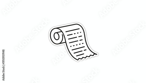 Rolled Paper Receipt Icon, Simple Line Art, Isolated on White Background
