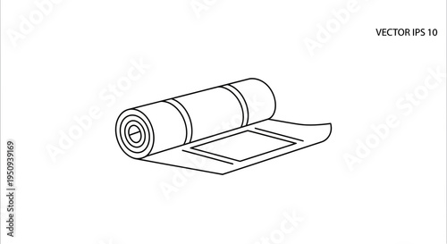 Rolled yoga mat, camping mat, or sleeping pad, isolated on white background, line art.