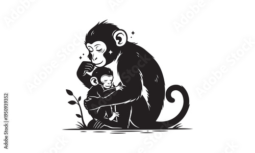 Monkey Vector silhouette illustration design, Baby monkey clinging to mother, Monkey carrying food, Monkey chasing pose, Monkey climbing quickly, Monkey climbing tree, Monkey dropping banana peel,