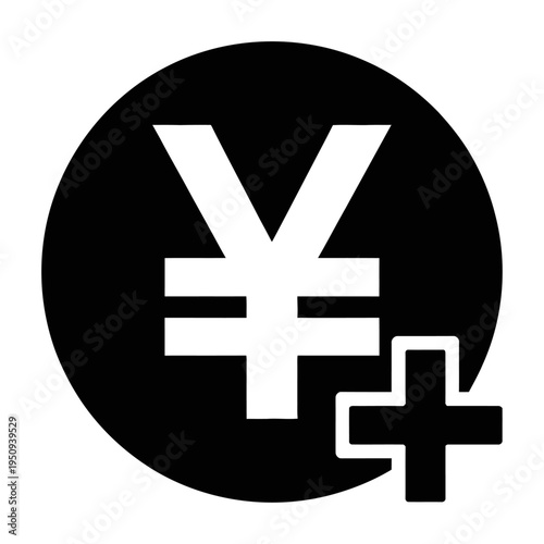 White yen symbol and plus sign icon on a vector background.