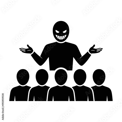 Vector of an evil figure standing above a group of five people
