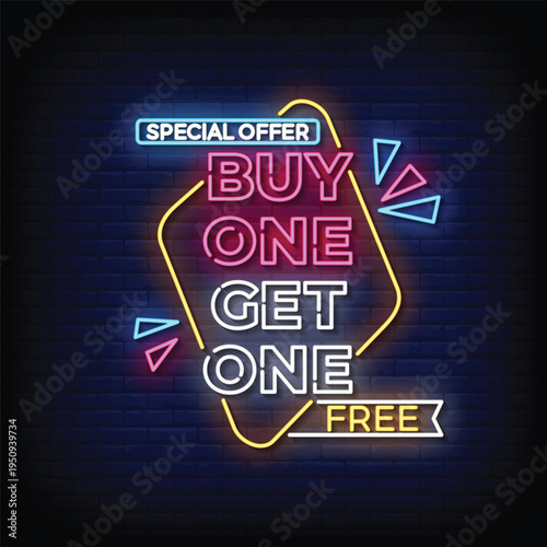 buy one get one free neon signboard with brick wall background vector