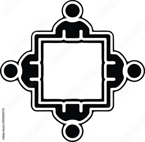 A black and white image of four people holding up a square