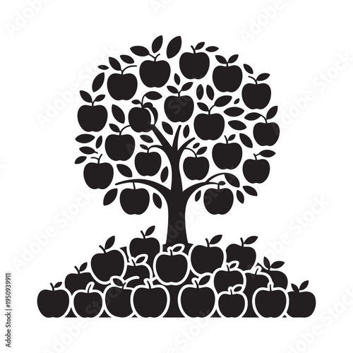 A stylized black tree abundantly filled with apples and fallen fruit