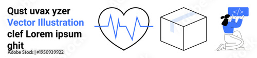 Healthcare technology, delivery services, coding skills, innovation, creative design, communications. Heartbeat line, box package developer with a code screen. Healthcare technology and delivery