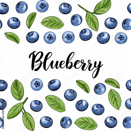 A watercolor illustration featuring scattered blueberries and green leaves