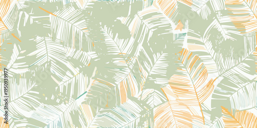 Stylized tropical leaves in a repeating seamless pattern design