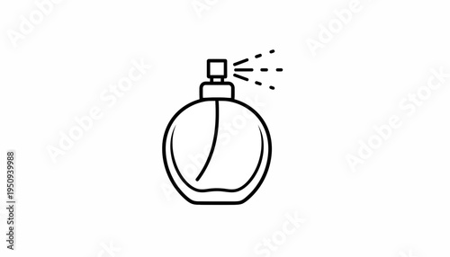 Perfume bottle spraying fragrance, simple line art icon, isolated on white background