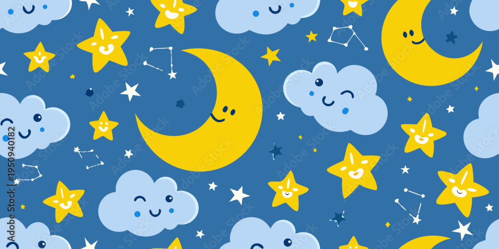 Naklejka premium Whimsical pattern featuring smiling moons stars and fluffy clouds