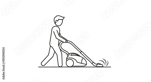 Person vacuuming floor with a modern vacuum cleaner, cleaning service concept, line art icon
