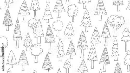 Seamless pattern of various hand drawn tree sketches in black and white, creating a dense and whimsical forest or woodland scene background.