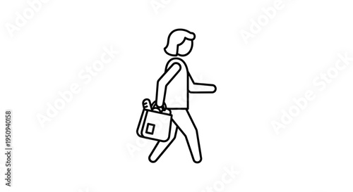 Person walking with grocery bag, shopping, carrying food, simple line art icon