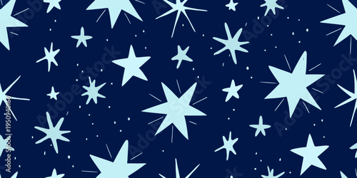 A seamless pattern of light blue stars scattered on a dark navy background