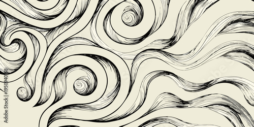 Abstract swirling lines create a dynamic black and white visual texture