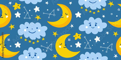 Cute cartoon pattern of moons stars and smiling clouds on blue