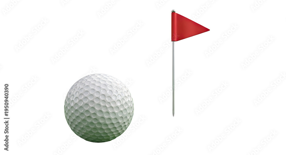 Obraz premium Golf ball and red flag on white background