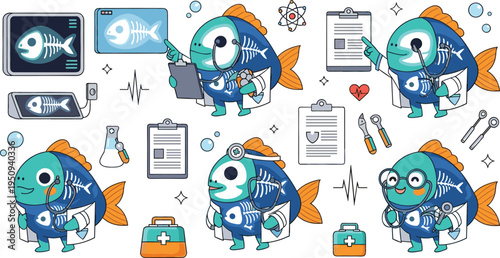 Cute Cartoon Fish Doctor Character Set with Skeleton Anatomy Medical Tools X Ray Stethoscope Clipboard and Healthcare Elements Vector Illustration