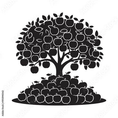 A stylized black silhouette of an apple tree laden with fruit
