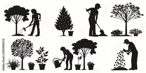 Gardening silhouettes depict people tending to plants and trees