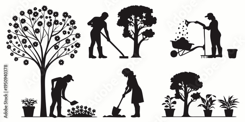 Silhouettes of gardeners working and various trees in a landscape