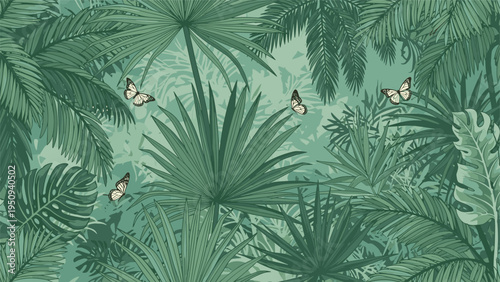 Lush tropical jungle illustration in monochromatic green tones, featuring dense palm leaves, monsteras, and delicate butterflies in foliage.