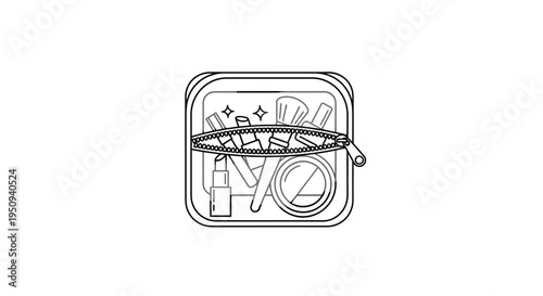 Open Makeup Bag with Cosmetics and Brushes, Beauty Essentials, Line Art Illustration