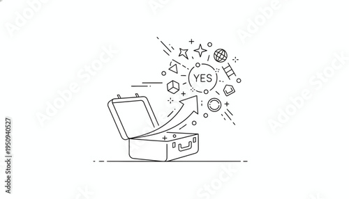 Open Suitcase with Arrow and Abstract Shapes, Concept of Ideas and Success