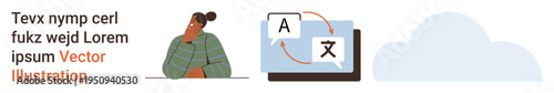 Language learning, communication tools, online translation, global connection, education, cloud services. Woman thinking, language translation icons and cloud graphic. Language learning