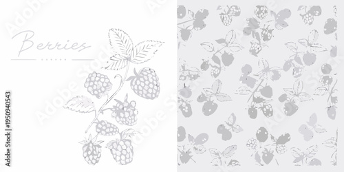 Delicate botanical illustration of berries and leaves in grayscale