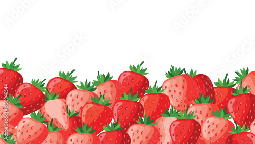 Vibrant border of many ripe red strawberries densely packed at the bottom of the frame on a white background, perfect for summer food theme.