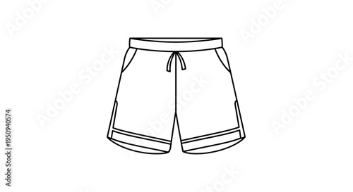 Outline drawing of men's sports shorts with drawstring and pockets