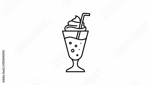 Outline Icon of a Delicious Ice Cream Soda with Whipped Cream and Straw