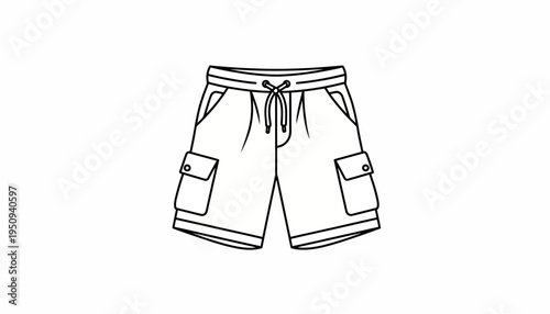 Outline of cargo shorts with pockets and drawstring, isolated on white background