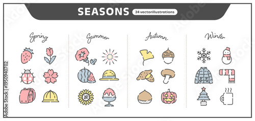 春夏秋冬の手描き風アイコンセット｜くすみカラーの季節モチーフベクターイラスト
