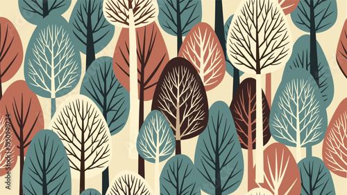 Seamless pattern of stylized trees in muted shades of teal, brown, and cream, creating a sophisticated and modern woodland scene for interior.