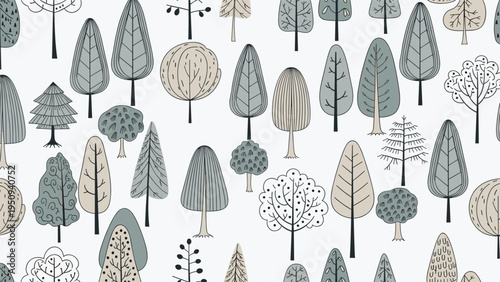 Hand-drawn forest trees create a seamless pattern featuring various species and shapes in soft grey and beige tones.