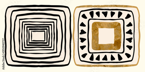 Two abstract geometric shapes with nested rectangular patterns