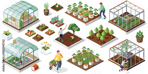 Isometric illustration depicting various gardening scenes and greenhouse structures