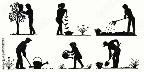 Silhouettes of people gardening and tending to plants outdoors