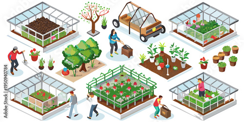 Isometric illustration of a community garden with greenhouses and gardeners