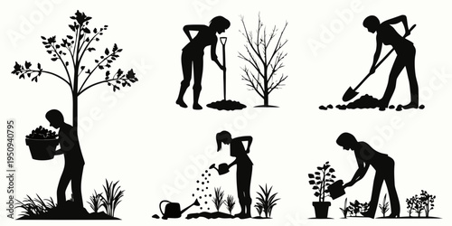Silhouettes of people gardening and tending to plants in a landscape