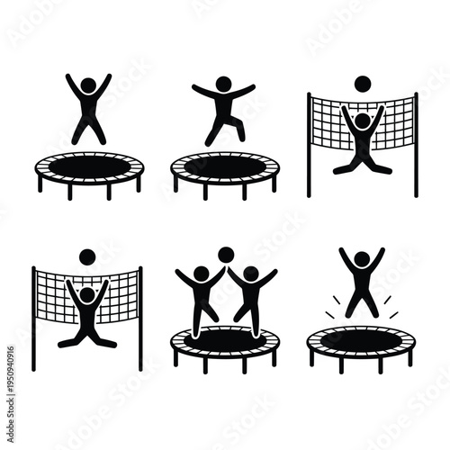 Simple black stick figures depicting various trampoline and volleyball actions