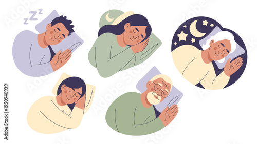 Five diverse individuals peacefully sleeping, representing different age groups and lifestyles.